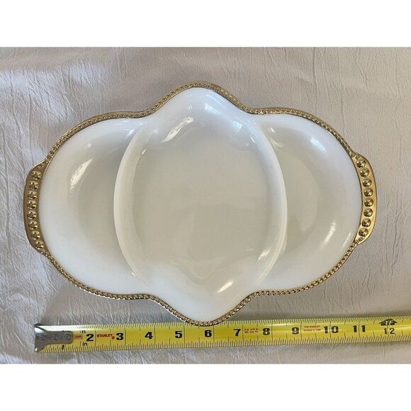Fire King Anchor Hocking Milk Glass Relish Tray Divided Dish w Gilded Trim VTG - Picture 2 of 4